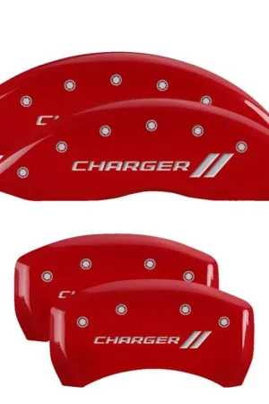 Worldwide Shipping MGP Brake Caliper Covers with Charger Stripes Logo; Red; Front and Rear