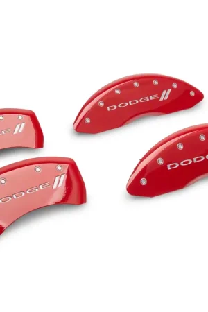 Special Discount MGP Brake Caliper Covers with Dodge Stripes Logo; Red; Front and Rear