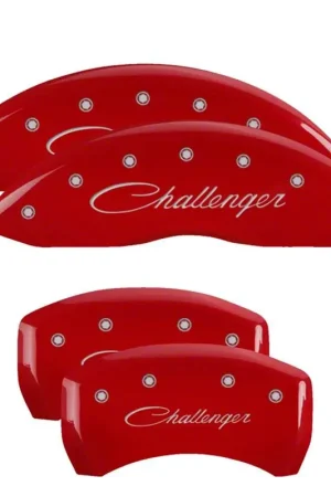 Last Chance MGP Brake Caliper Covers with Cursive Challenger Logo; Red; Front and Rear