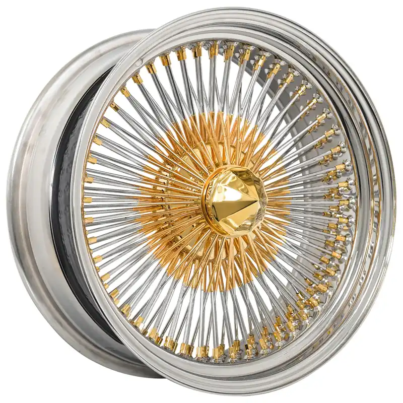 22x8" LA Wire Wheels Standard Gold/Chrome 150-Spoke Straight Lace American Gold Plating with Chrome Rims Best Seller