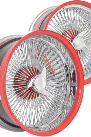 22x8" LA Wire Wheels Staggered Standard/Reverse 150-Spoke Straight Lace Chrome with Red Accents Rims Price Cut
