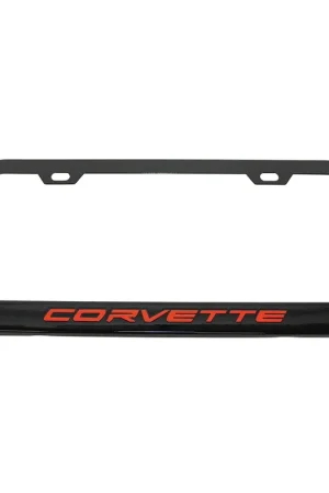 No Minimum Order License Plate Frame with Red Corvette Script; Matte Black