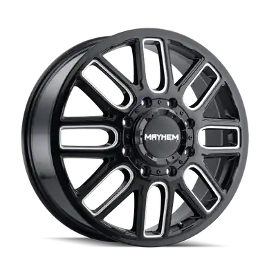 Shop Now Mayhem 8107D Cogent Dually 20x8.25 / 8x200 BP / 115mm Offset / 142mm Hub Black w/Milled Spokes Wheel - 8107D-2877BMF115