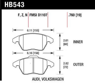 New Arrival Hawk Audi A3/TT / VW EOS / Golf / Jetta / Passat / Rabbit DTC-60 Front Race Brake Pads - HB543G.760