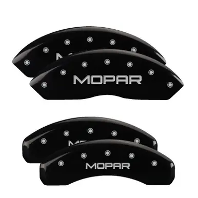 Last Chance MGP 4 Caliper Covers Engraved Front & Rear Mopar Black Finish Silver Char 2018 Jeep Wrangler - 42018SMOPBK