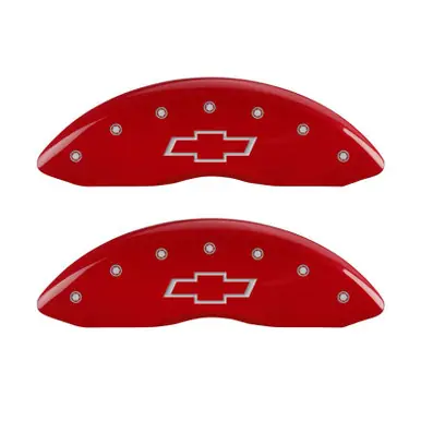 Grab Now MGP 4 Caliper Covers Engraved Front & Rear Bowtie Red finish silver ch - 14030SBOWRD